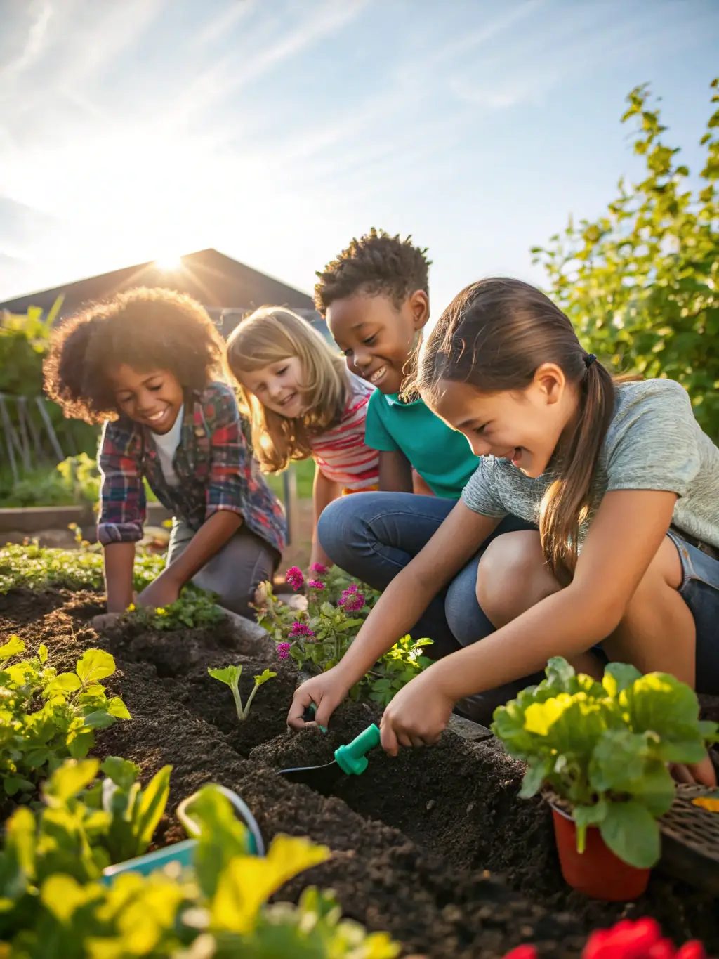A photograph of children planting trees in a community garden, symbolizing I.A.C.A's commitment to environmental education and hands-on learning.