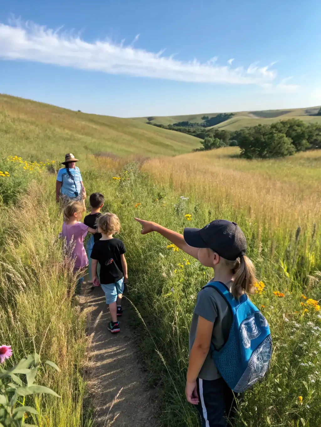 A group of children participating in a guided nature walk through the Chenal d'Arceau, led by an I.A.C.A educator, focusing on local flora and fauna identification.