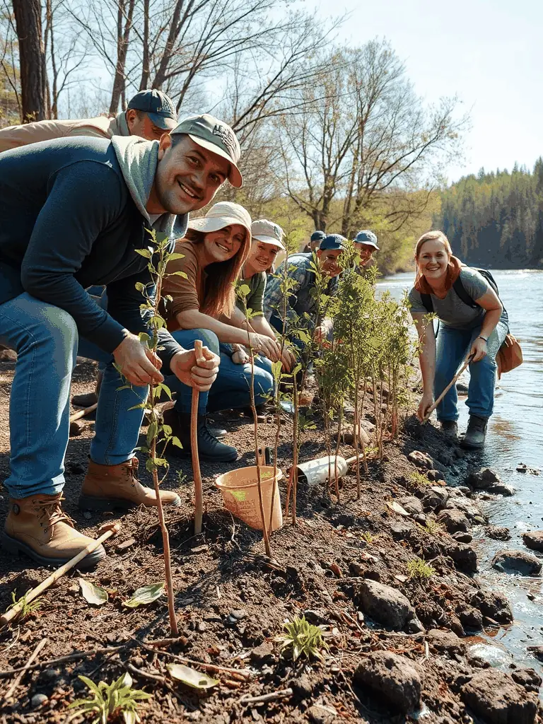Volunteers planting native trees along the Chenal d'Arceau riverbank as part of I.A.C.A's reforestation project, aimed at restoring the local ecosystem.