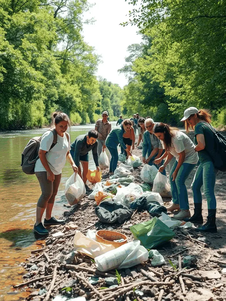 A community cleanup event along the Chenal d'Arceau, with volunteers collecting litter and debris, promoting environmental stewardship and community pride.